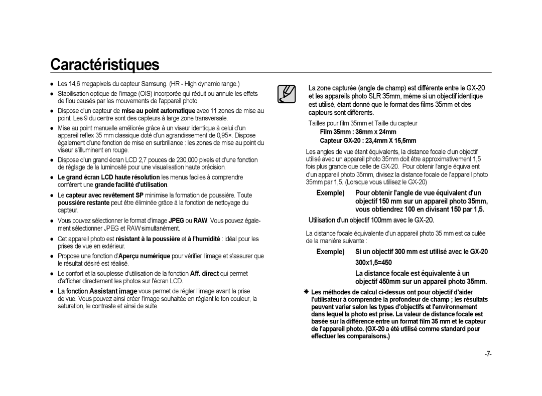 Samsung ER-GX20B02KFR, ER-GX20ZBBC/E1, ER-GX20ZBBB/FR manual Caractéristiques, Utilisation dun objectif 100mm avec le GX-20 