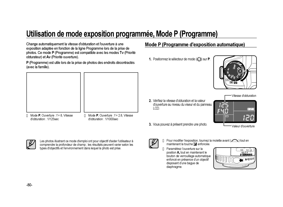 Samsung ER-GX20ZBBC/E1, ER-GX20ZBBB/FR Mode P Programme dexposition automatique, Positionnez le sélecteur de mode sur P 