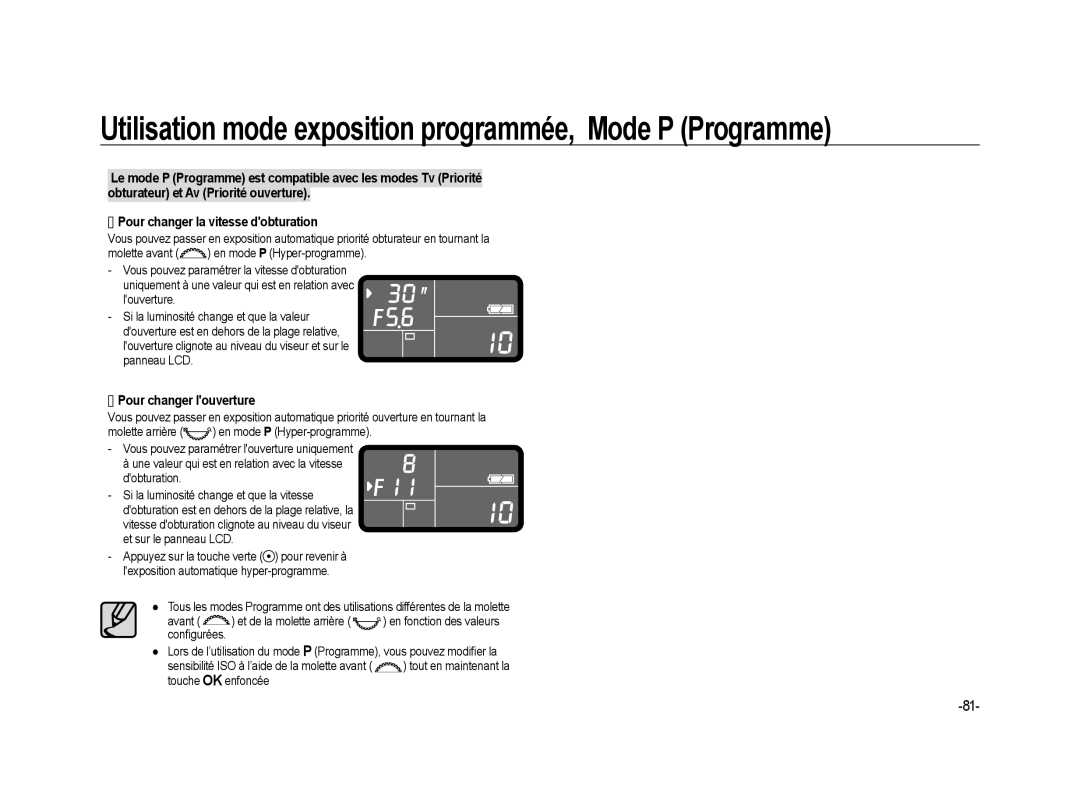 Samsung ER-GX20ZBBB/FR, ER-GX20ZBBC/E1 Utilisation mode exposition programmée, Mode P Programme, Pour changer louverture 