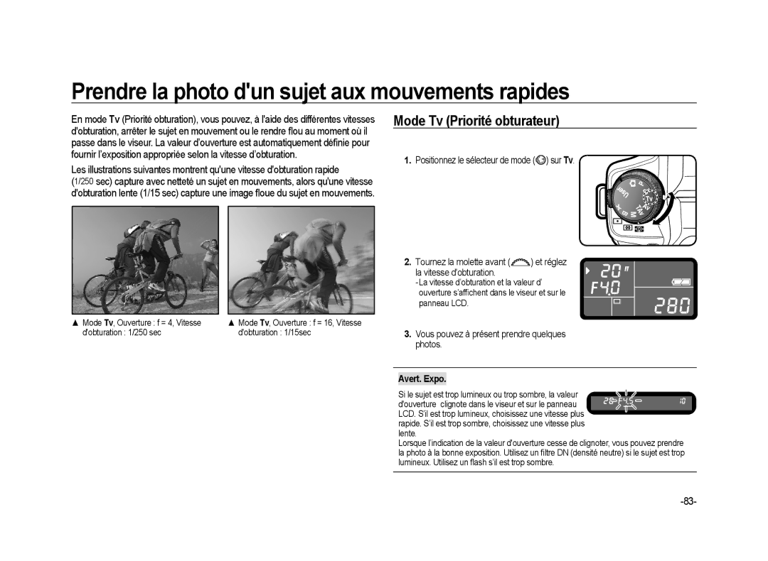 Samsung ER-GX20ZBBA/SE manual Prendre la photo dun sujet aux mouvements rapides, Mode Tv Priorité obturateur, Avert. Expo 