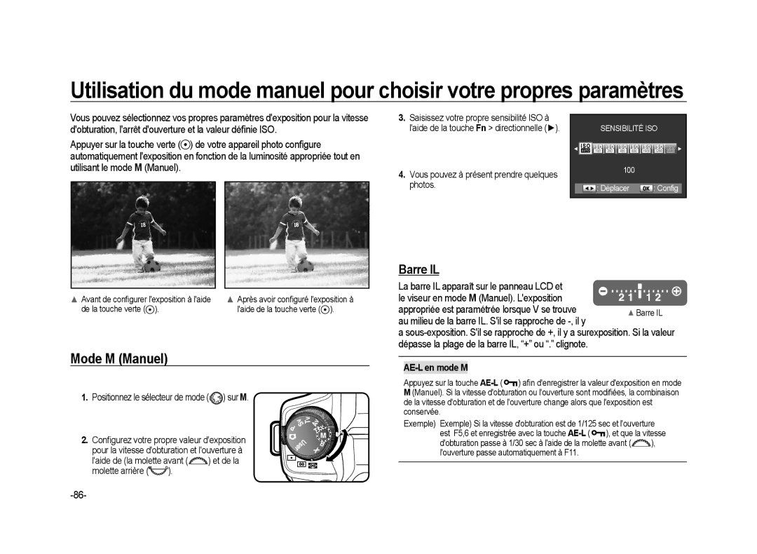 Samsung ER-GX20ZBBA/DK, ER-GX20ZBBC/E1 Mode M Manuel, Barre IL, La barre IL apparaît sur le panneau LCD et, AE-L en mode M 