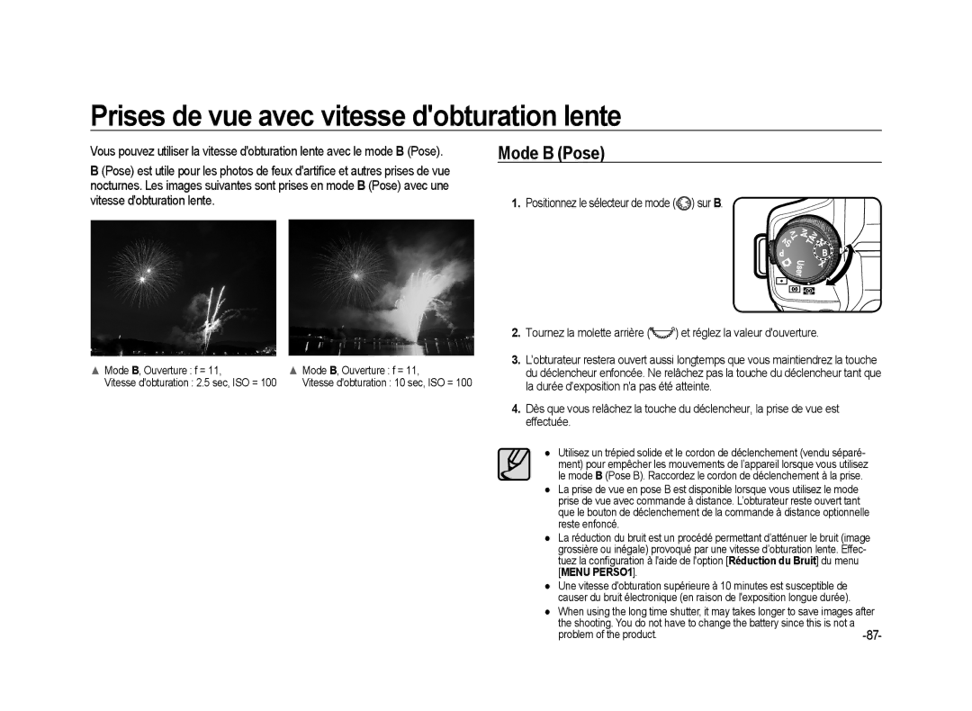 Samsung ER-GX20ZBBA/FR, ER-GX20ZBBC/E1 Prises de vue avec vitesse dobturation lente, Mode B Pose, Mode B, Ouverture f = 