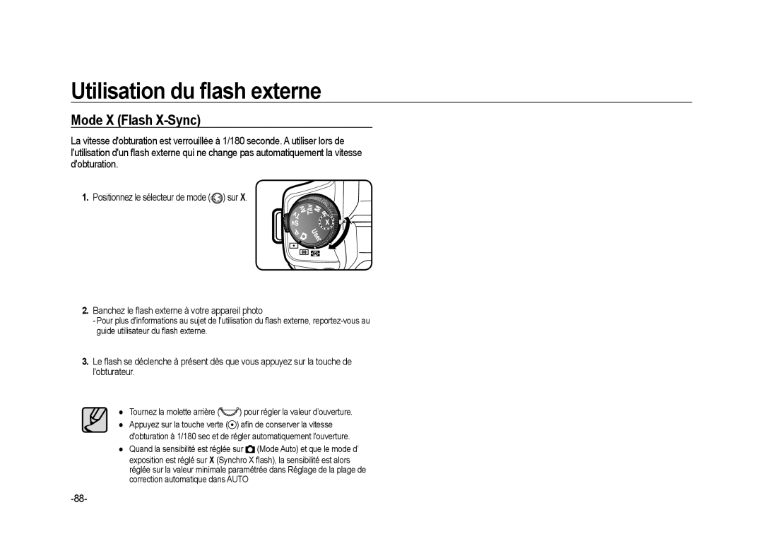 Samsung ER-GX20B02KFR, ER-GX20ZBBC/E1, ER-GX20ZBBB/FR, ER-GX20ZBBB/E1 manual Utilisation du ﬂash externe, Mode X Flash X-Sync 