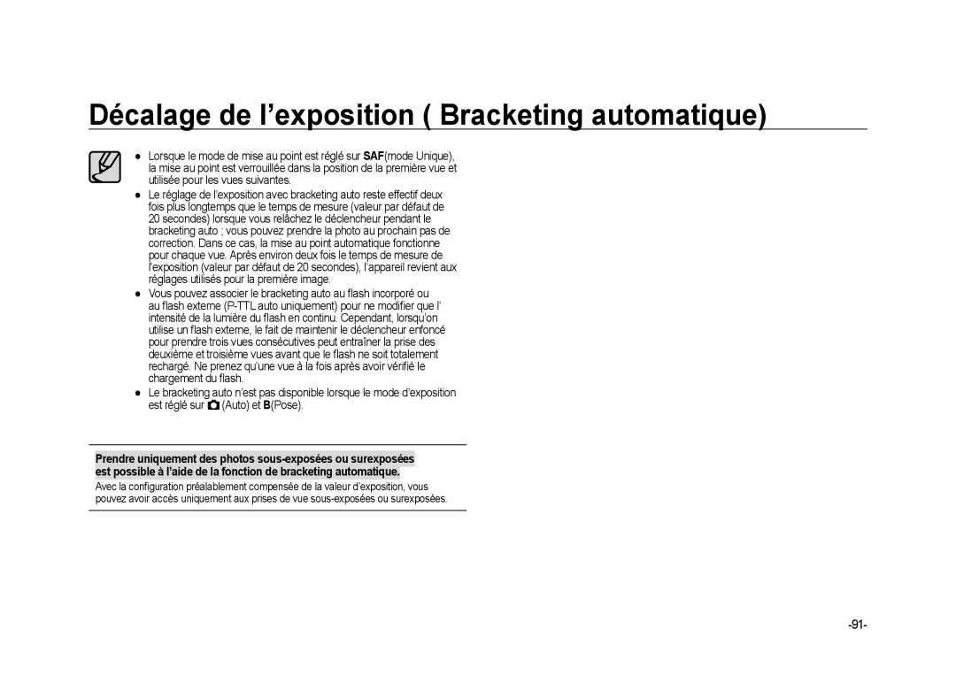 Samsung ER-GX20ZBBB/E1, ER-GX20ZBBC/E1, ER-GX20ZBBB/FR, ER-GX20ZBBA/SE manual Décalage de l’exposition Bracketing automatique 