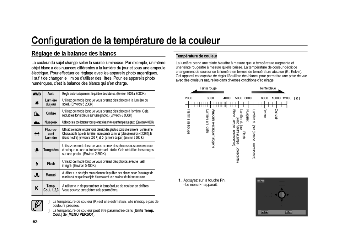 Samsung ER-GX20ZBBA/SE, ER-GX20ZBBC/E1 manual Conﬁguration de la température de la couleur, Réglage de la balance des blancs 