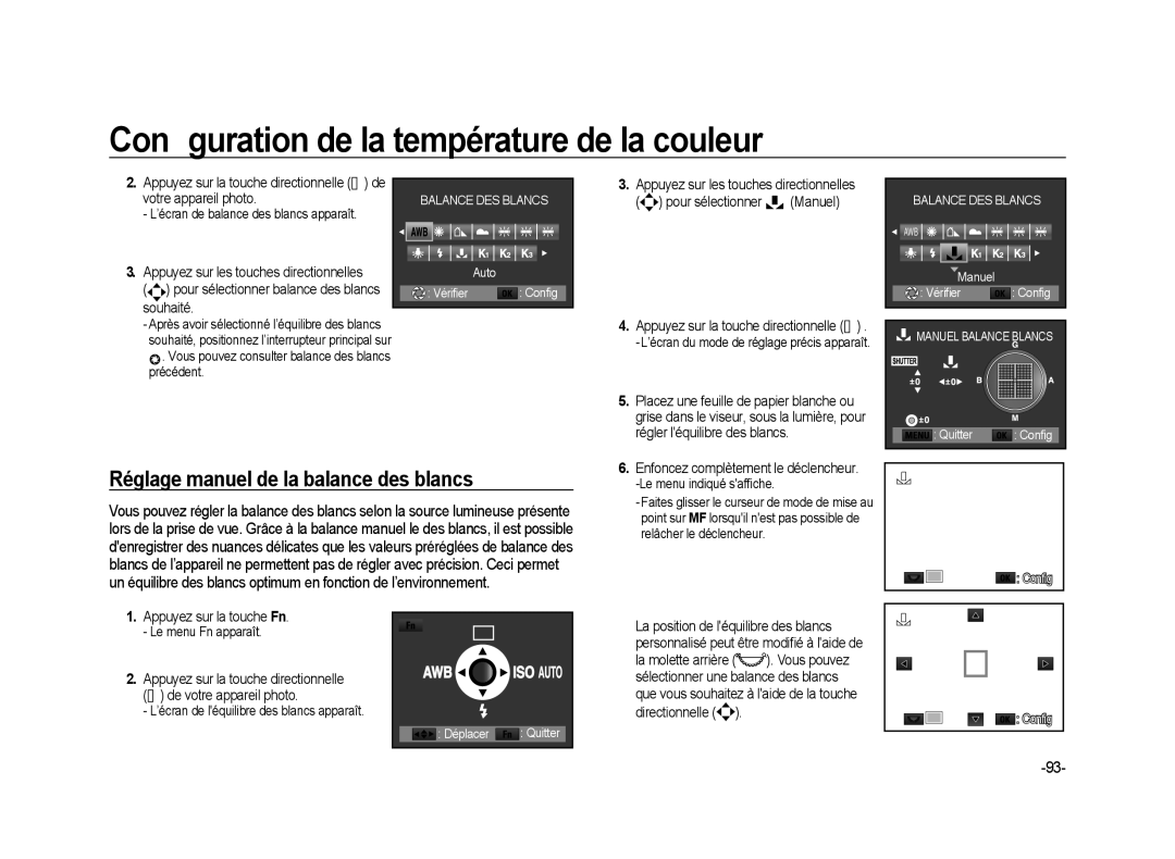 Samsung ER-GX20B01KFR manual Réglage manuel de la balance des blancs, Pour sélectionner balance des blancs souhaité 