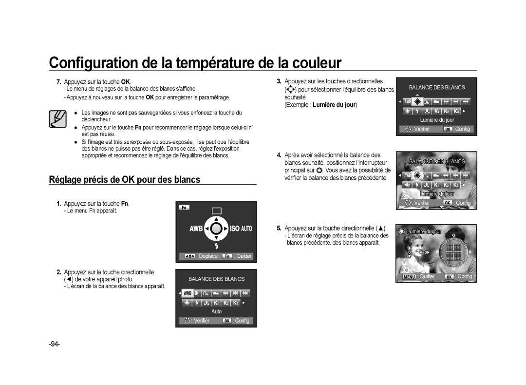 Samsung ER-GX20ZBBA/E1 manual Réglage précis de OK pour des blancs, Pour sélectionner léquilibre des blancs souhaité 