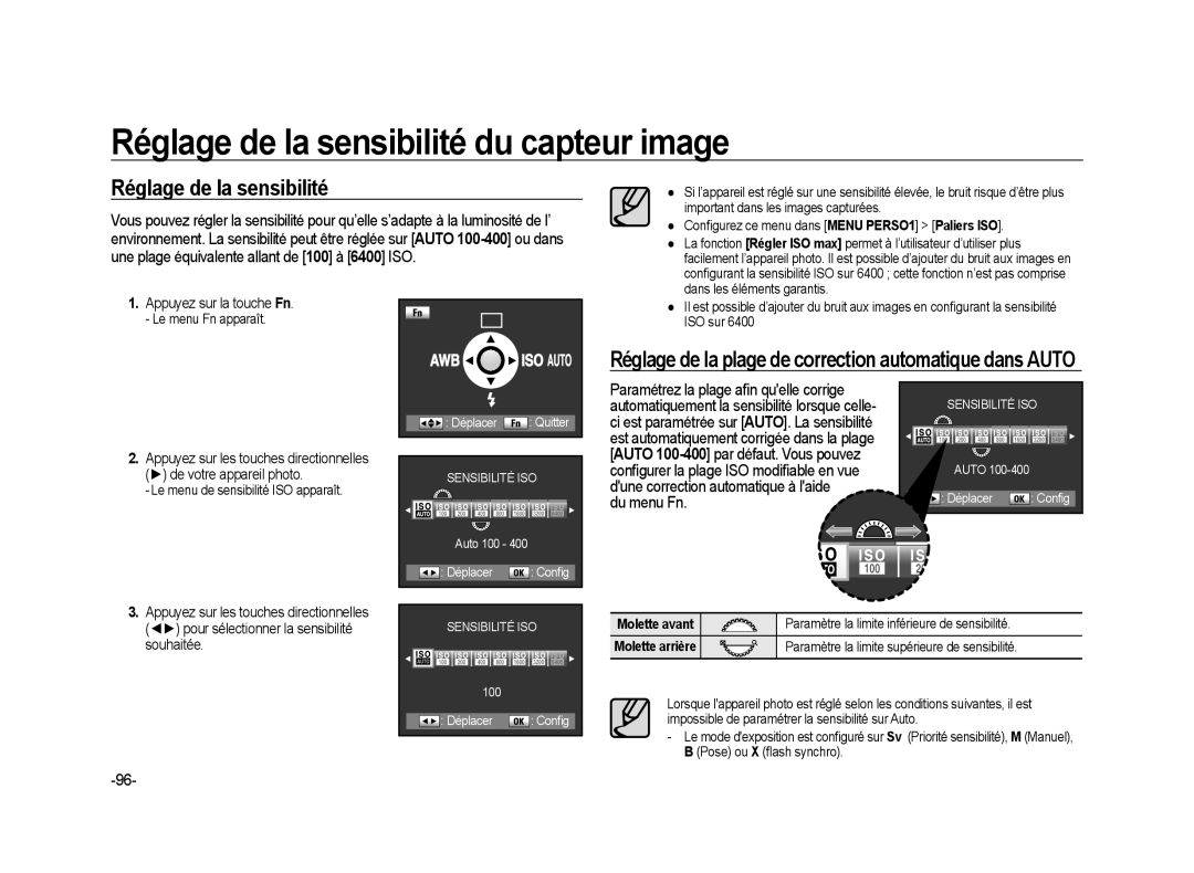 Samsung ER-GX20ZBBA/FR, ER-GX20ZBBC/E1, ER-GX20ZBBB/FR Réglage de la sensibilité du capteur image, Du menu Fn, Souhaitée 