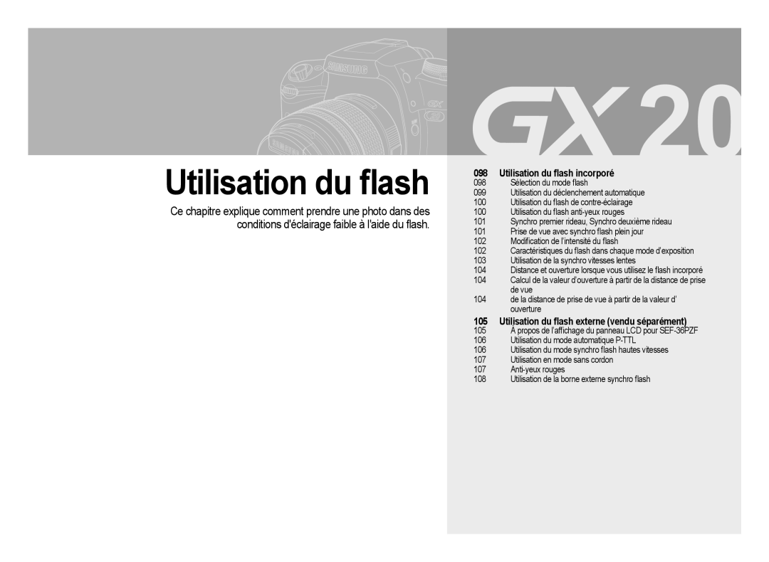 Samsung ER-GX20B02KFR, ER-GX20ZBBC/E1, ER-GX20ZBBB/FR, ER-GX20ZBBB/E1 manual Utilisation du ﬂash externe vendu séparément 