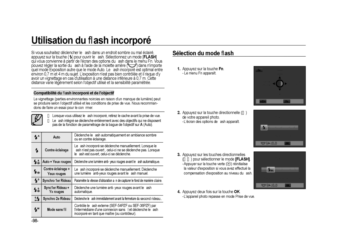 Samsung ER-GX20ZBBC/E1, ER-GX20ZBBB/FR manual Utilisation du ﬂash incorporé, Sélection du mode ﬂash, Contre éclairage Config 