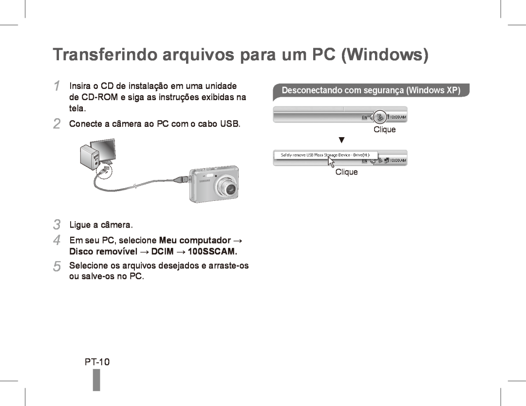 Samsung ES55 manual Transferindo arquivos para um PC Windows, PT-10, Desconectando com segurança Windows XP 