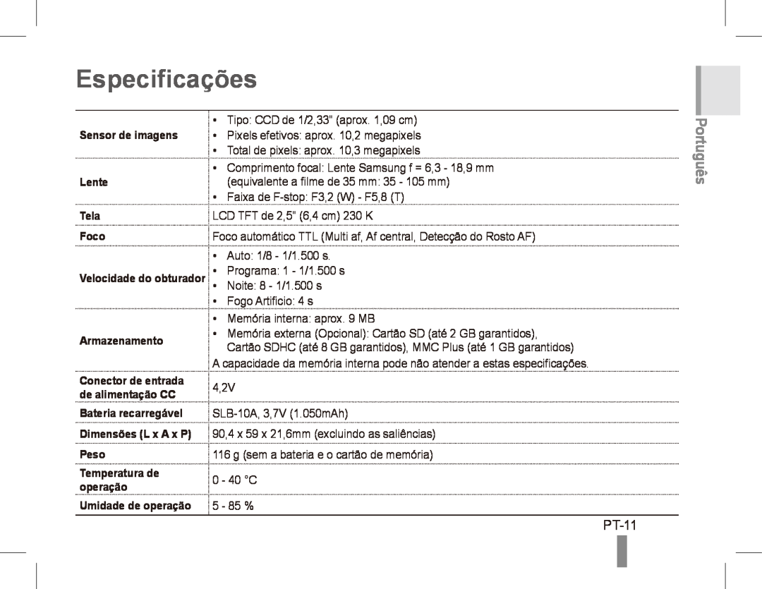 Samsung ES55 Especificações, PT-11, Português, Sensor de imagens, Lente, Tela Foco, Armazenamento, Umidade de operação 