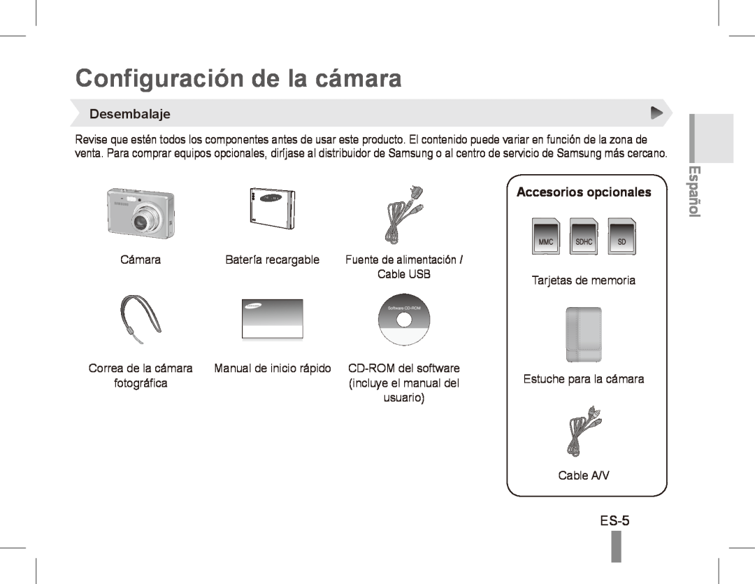 Samsung ES55 manual Configuración de la cámara, ES-5, Desembalaje, Accesorios opcionales, Español 