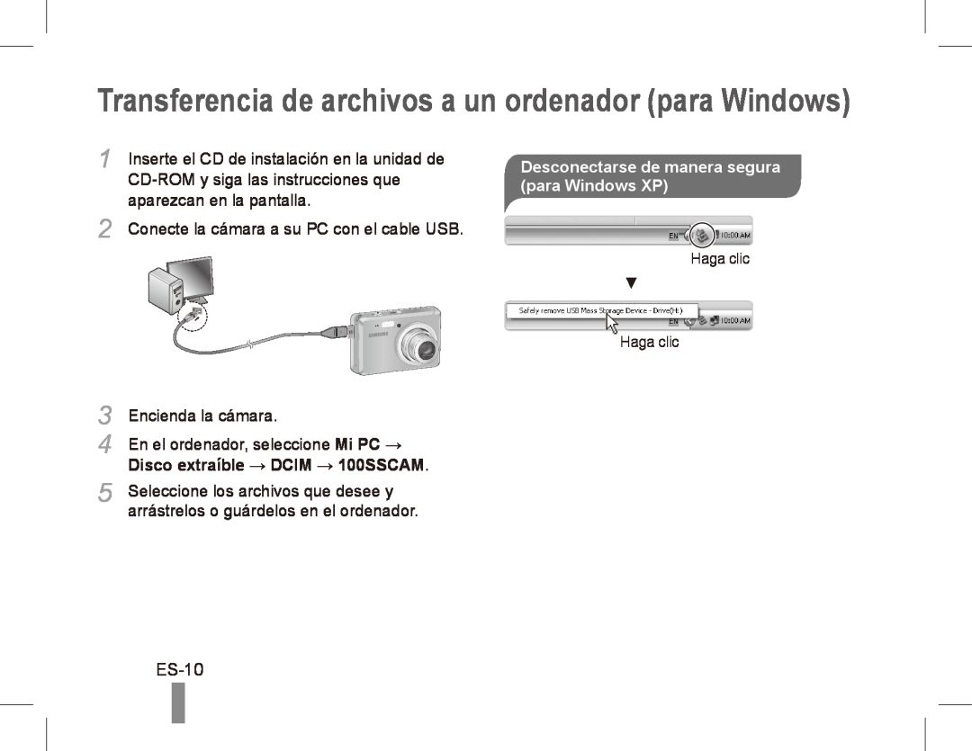 Samsung ES55 ES-10, para Windows XP, Transferencia de archivos a un ordenador para Windows, Desconectarse de manera segura 