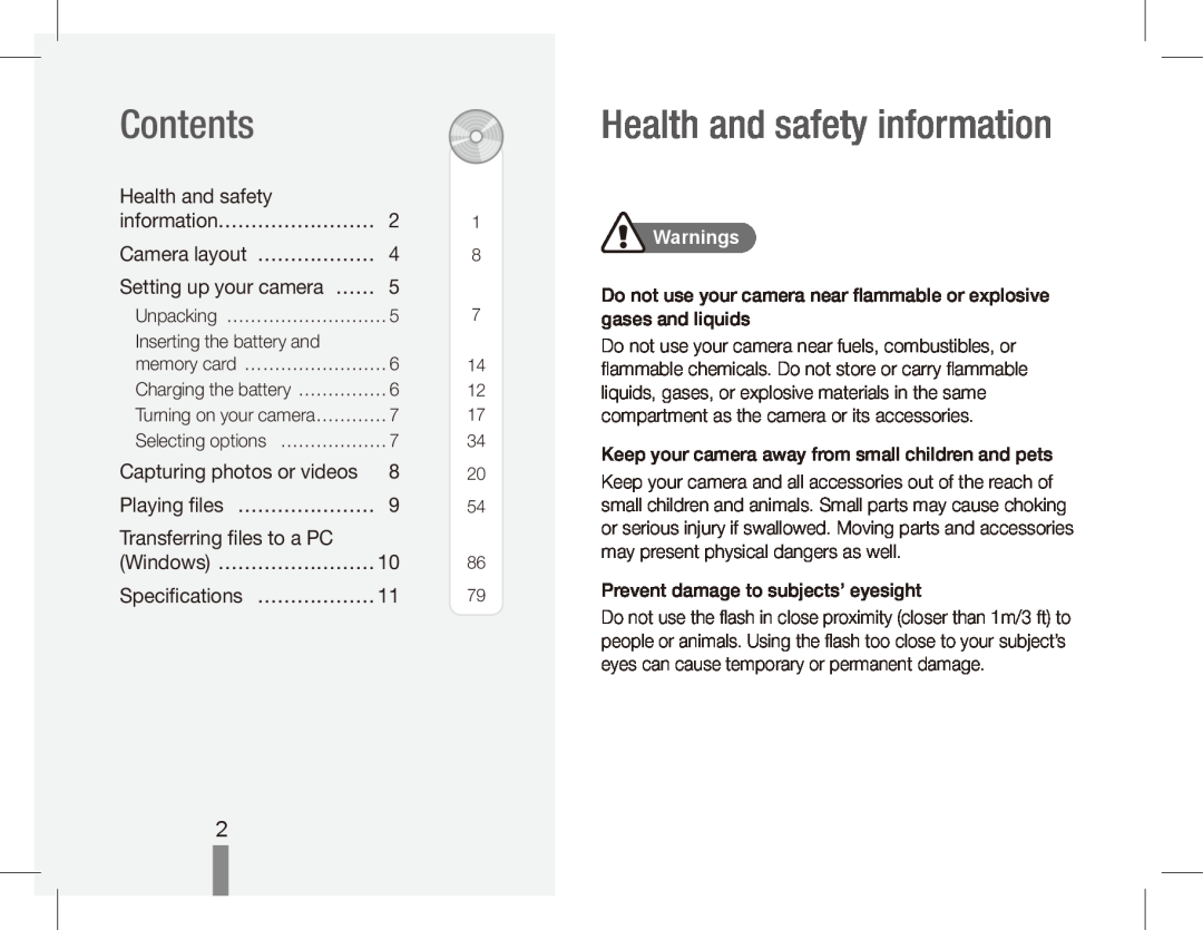 Samsung ES55 manual Contents, Health and safety information, Transferring files to a PC, Warnings 