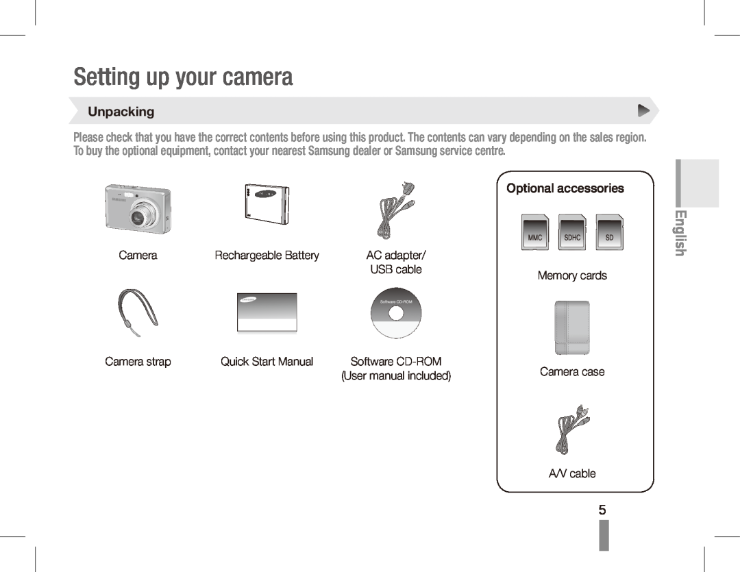 Samsung ES55 manual Setting up your camera, Unpacking, English 