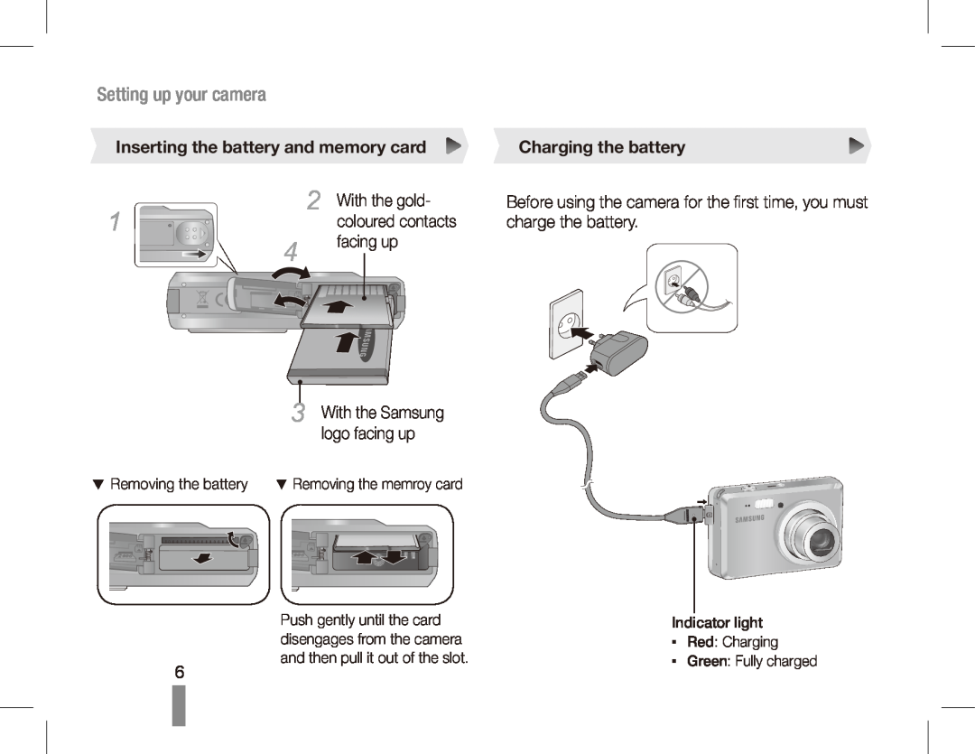 Samsung ES55 manual Inserting the battery and memory card, Charging the battery, Setting up your camera 