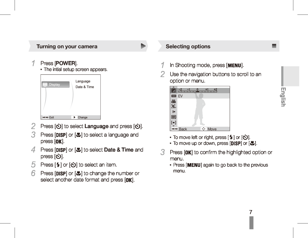 Samsung ES55 Turning on your camera, Selecting options, English, To move left or right, press, To move up or down, press 