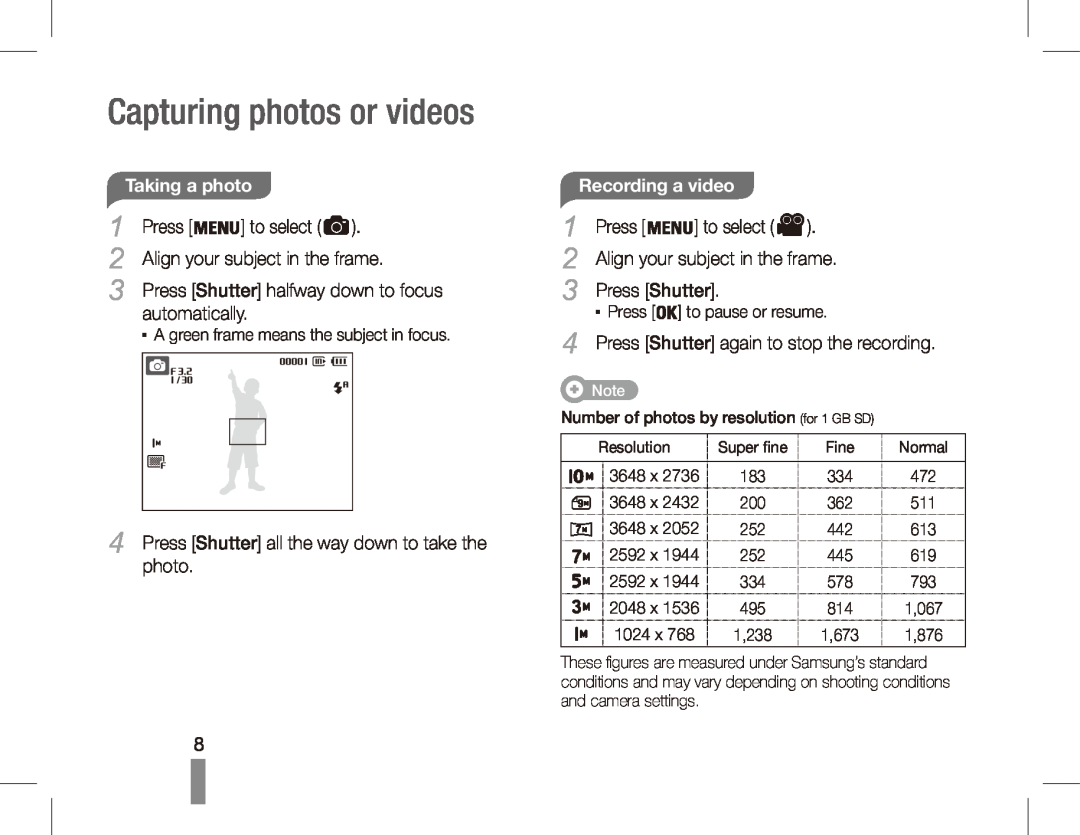 Samsung ES55 manual Capturing photos or videos, Taking a photo 