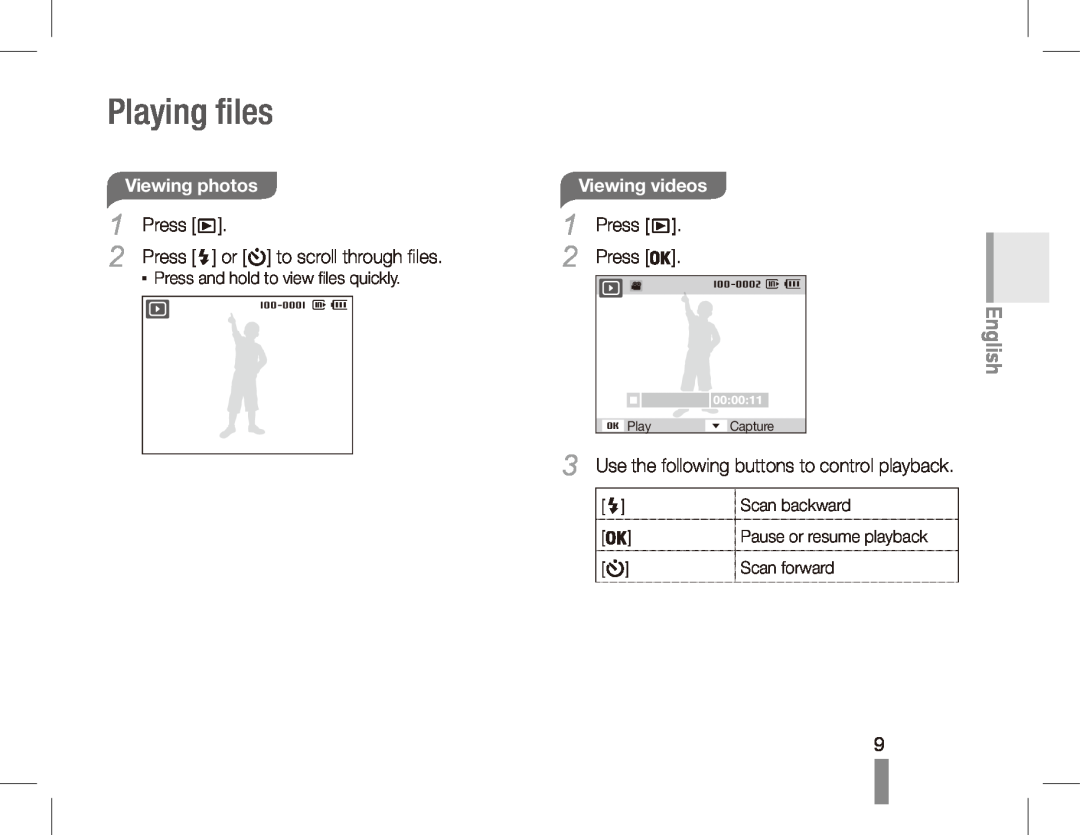 Samsung ES55 manual Playing files, Viewing photos, Viewing videos, English, Play Capture 