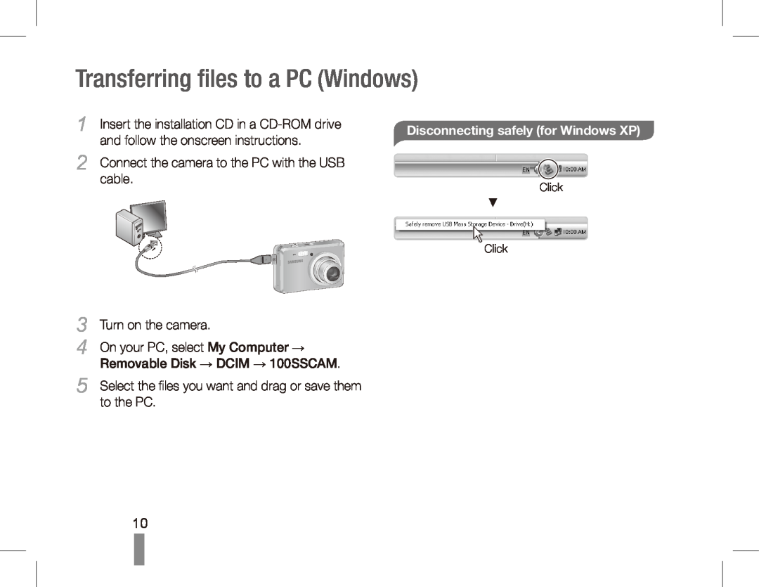 Samsung ES55 manual Transferring files to a PC Windows, Disconnecting safely for Windows XP 