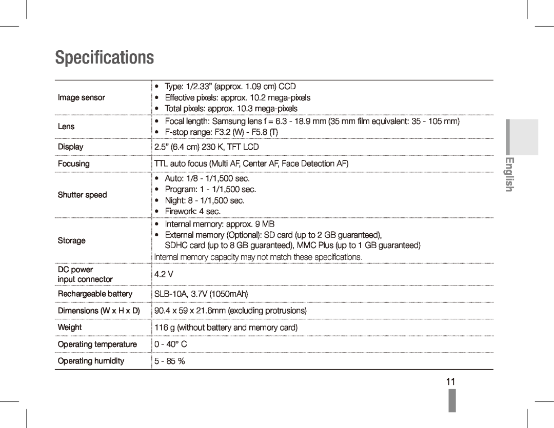 Samsung ES55 manual Specifications, English 
