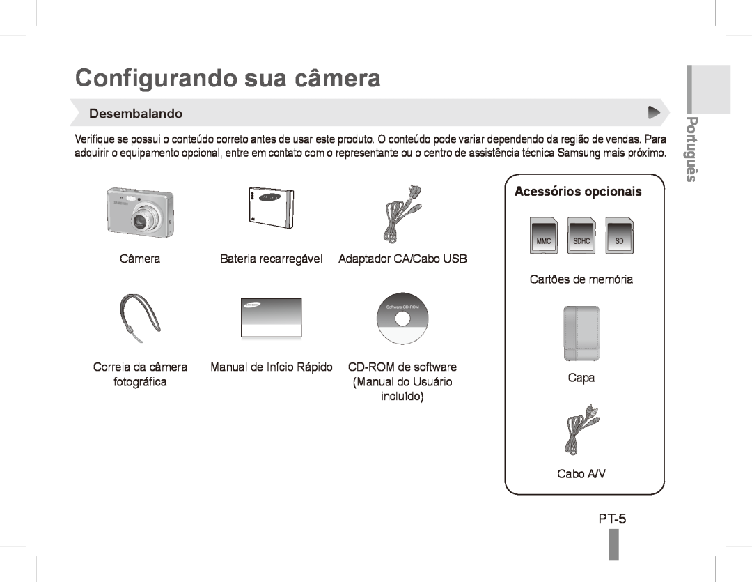 Samsung ES55 manual Configurando sua câmera, PT-5, Desembalando, Acessórios opcionais, Português 