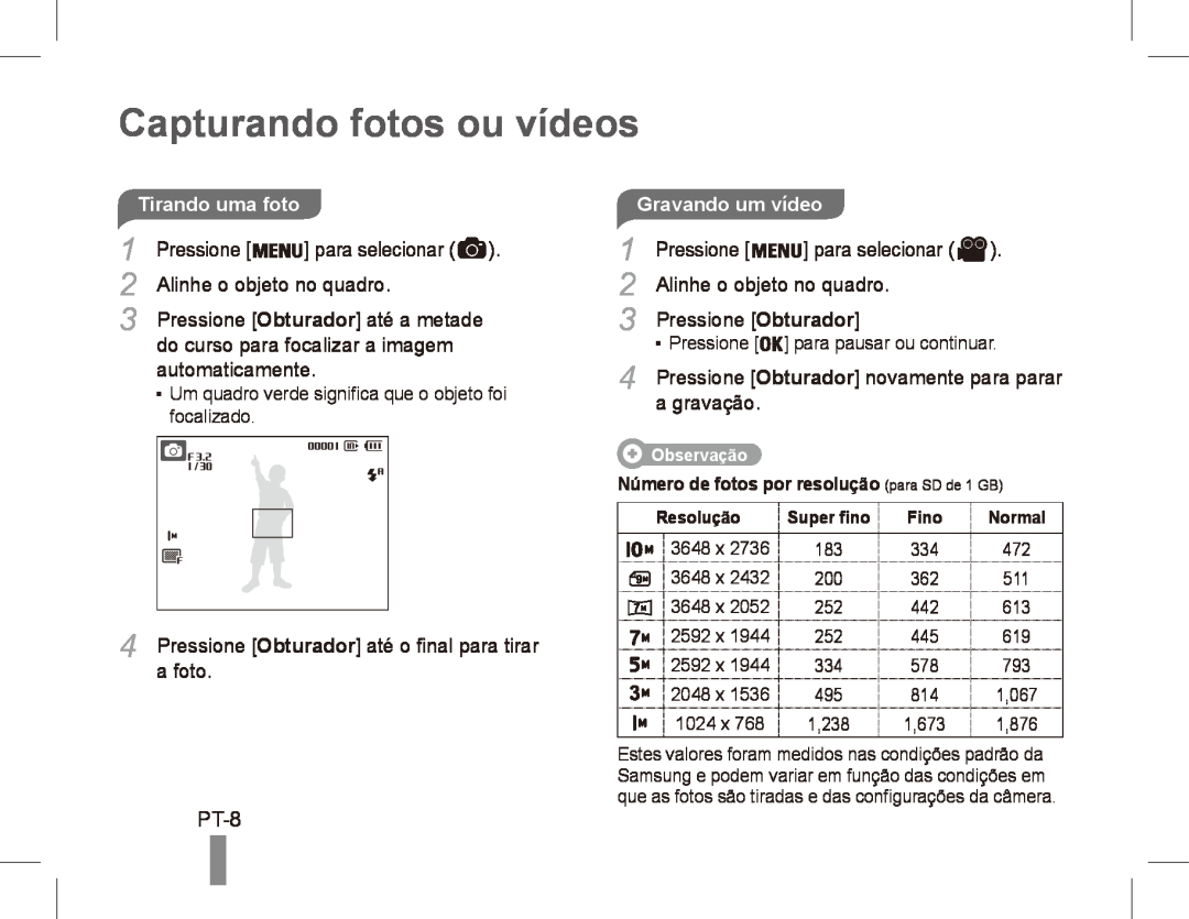 Samsung ES55 manual Capturando fotos ou vídeos, PT-8 