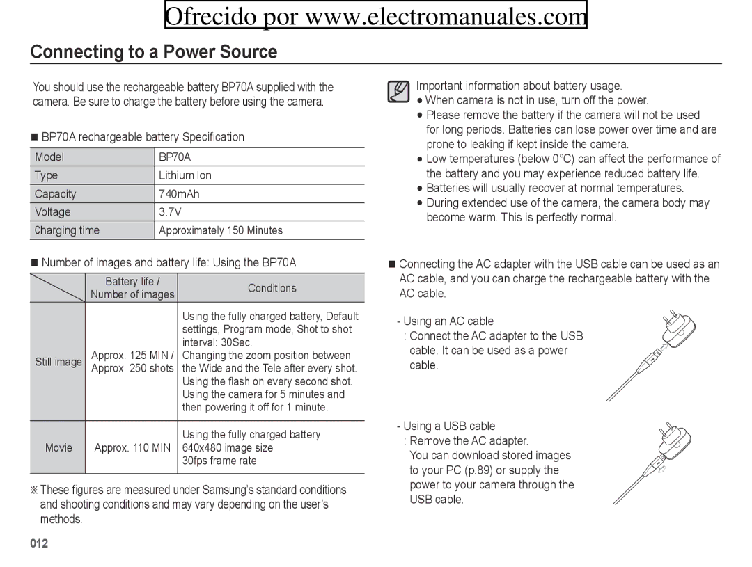 Samsung ES71, ES70 user manual Connecting to a Power Source, BP70A rechargeable battery Specification 