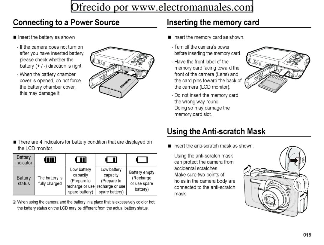 Samsung ES70, ES71 user manual Inserting the memory card, Using the Anti-scratch Mask, Insert the battery as shown 