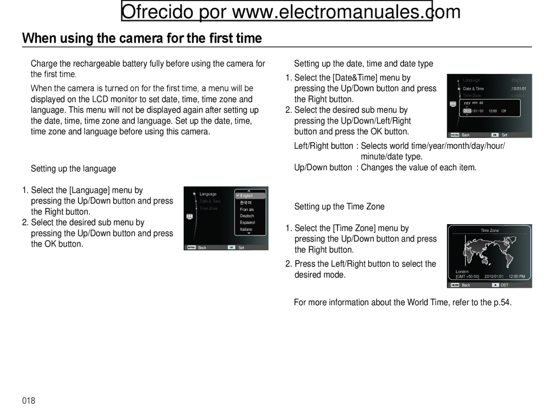 Samsung ES71, ES70 When using the camera for the first time, For more information about the World Time, refer to the p.54 