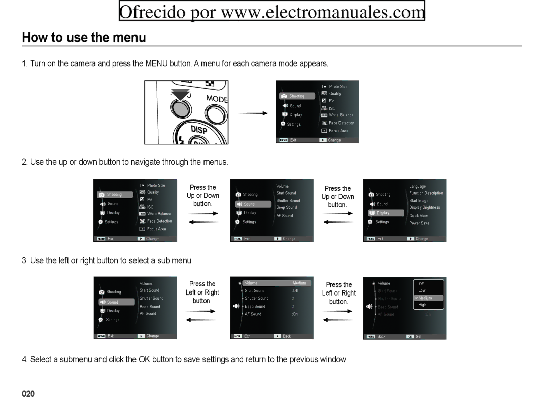 Samsung ES71, ES70 user manual How to use the menu, Use the up or down button to navigate through the menus 