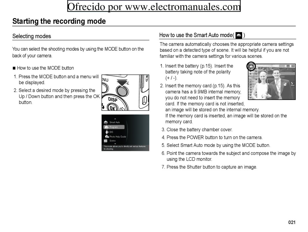 Samsung ES70, ES71 user manual Starting the recording mode, Selecting modes, How to use the Smart Auto mode 