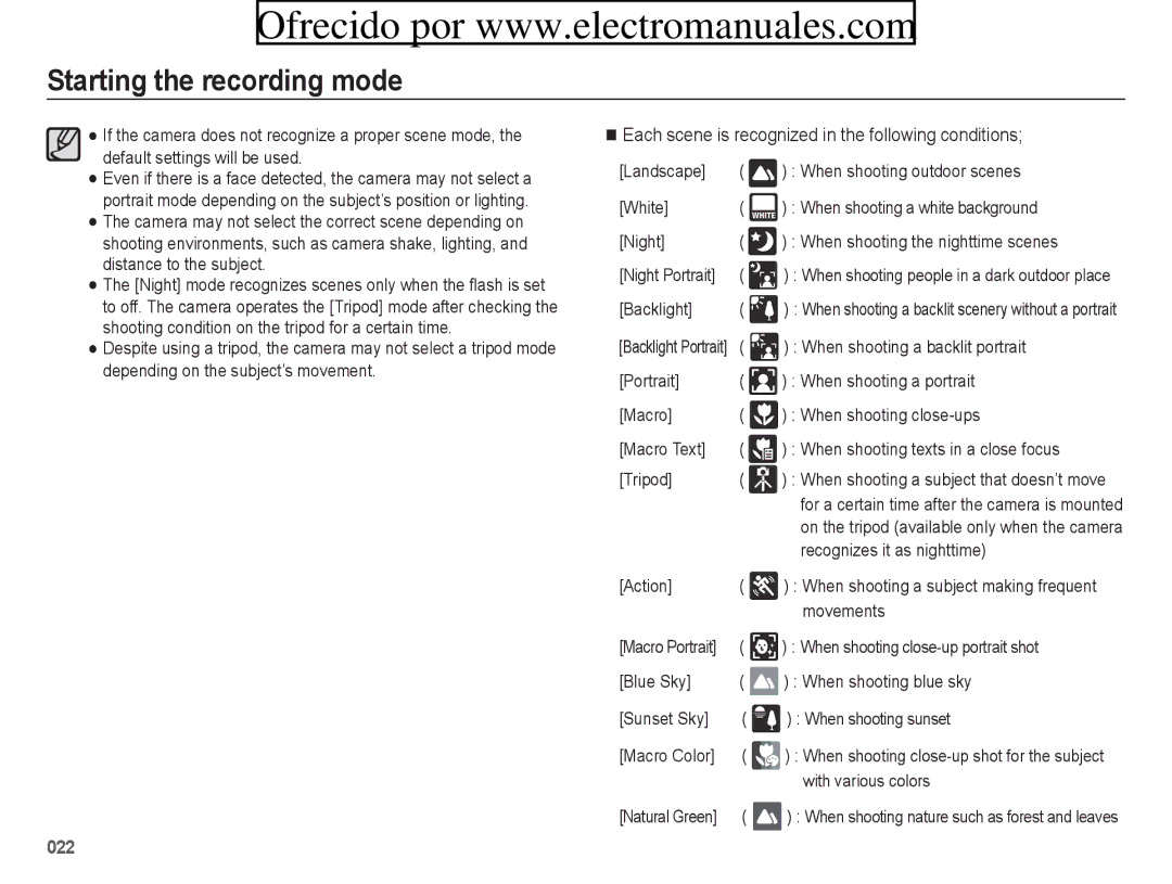 Samsung ES71, ES70 user manual Each scene is recognized in the following conditions 