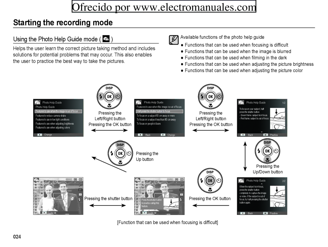 Samsung ES71, ES70 user manual Using the Photo Help Guide mode 