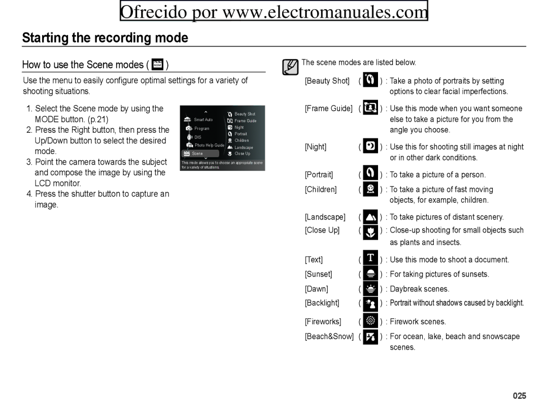 Samsung ES70, ES71 user manual How to use the Scene modes 