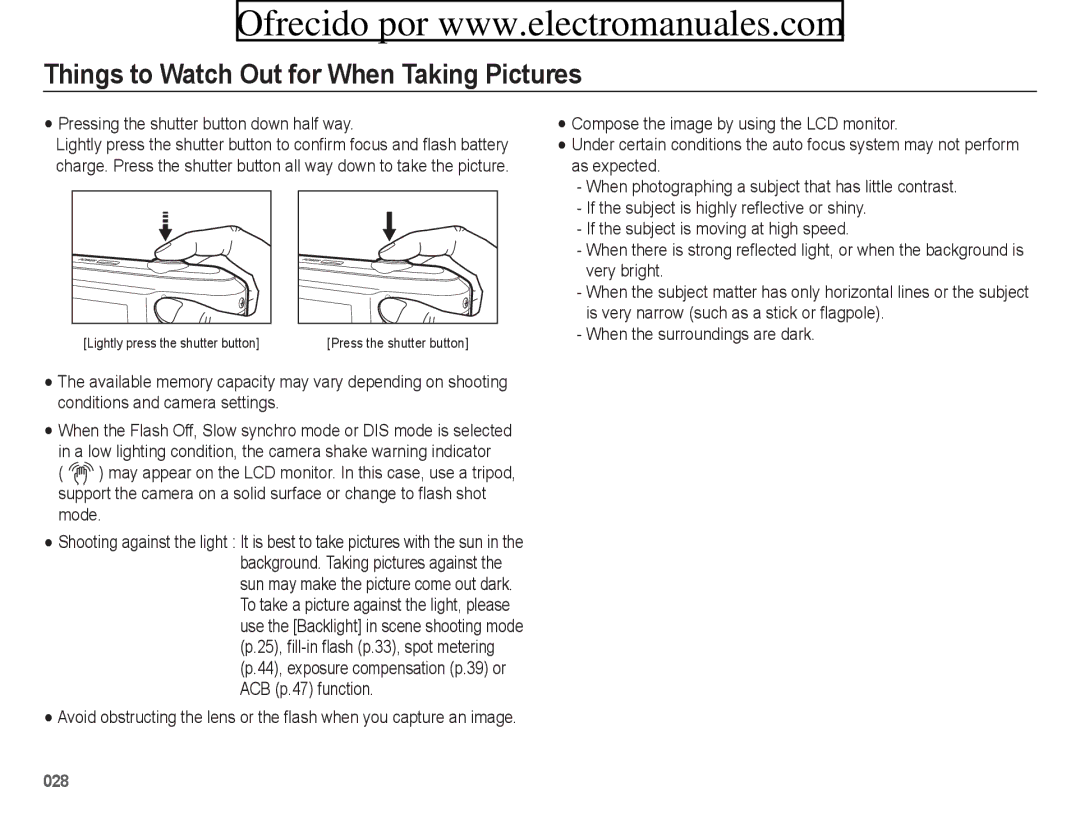 Samsung ES71 Things to Watch Out for When Taking Pictures, Pressing the shutter button down half way, ACB p.47 function 