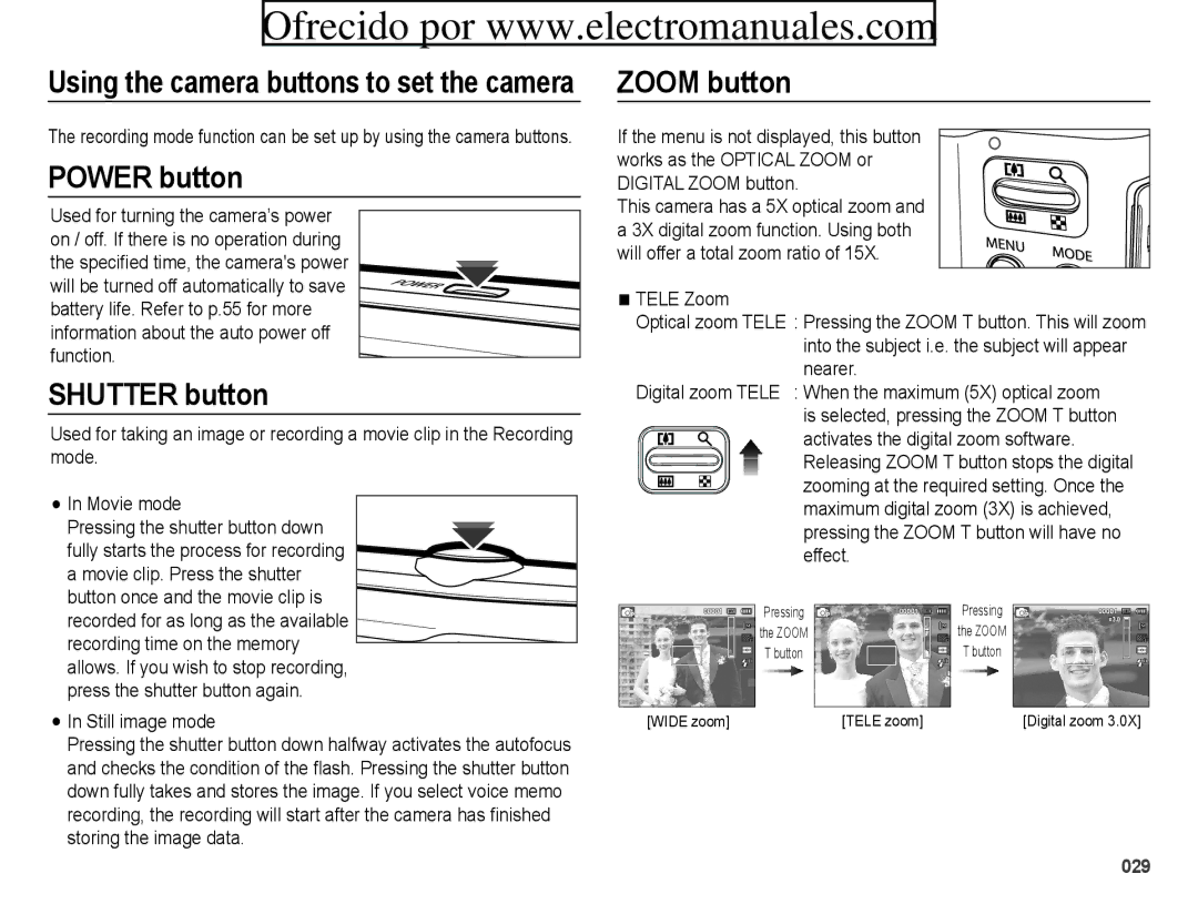 Samsung ES70, ES71 user manual Power button, Shutter button, Zoom button, Still image mode 