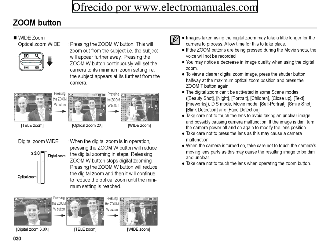 Samsung ES71, ES70 user manual Wide Zoom Optical zoom Wide, Camera, Digital zoom Wide 