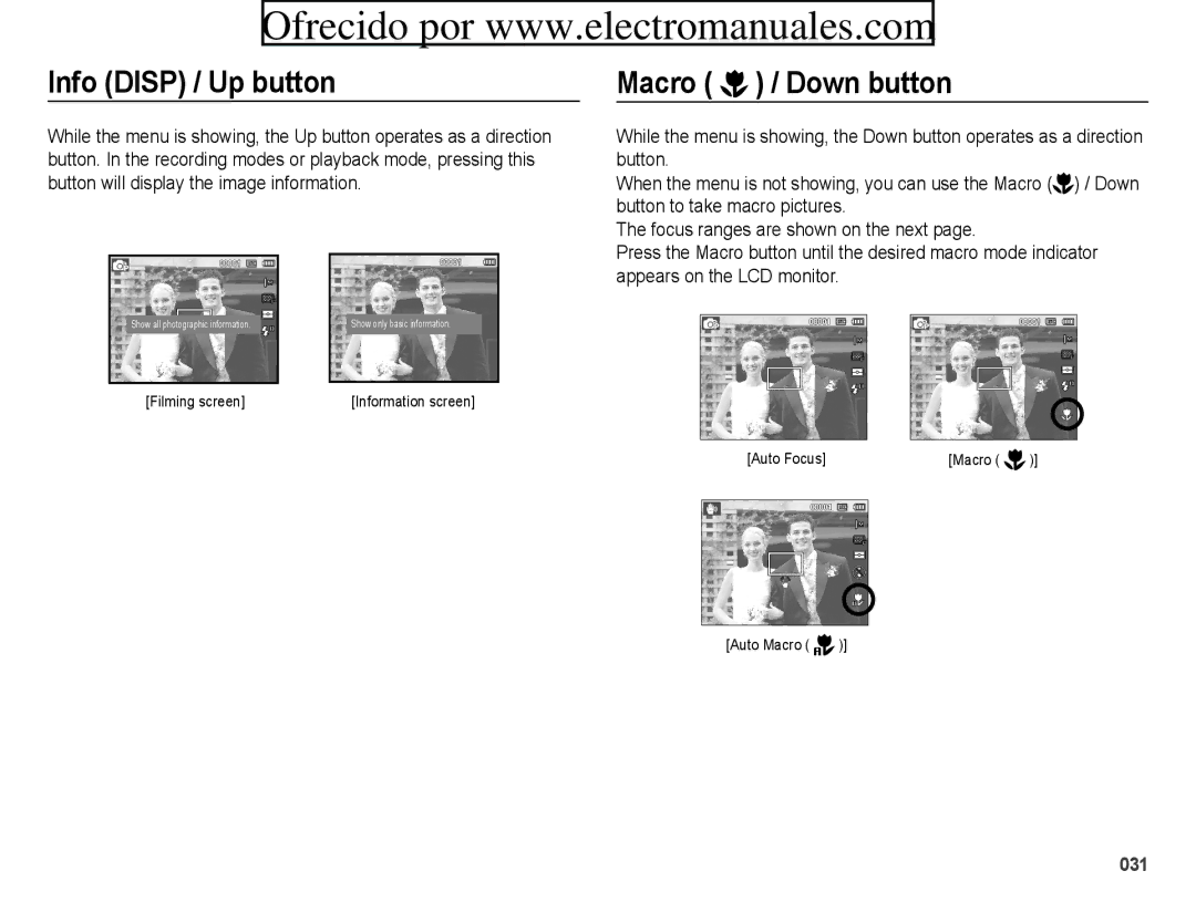 Samsung ES70, ES71 Macro Down button, Button Button will display the image information, Appears on the LCD monitor 