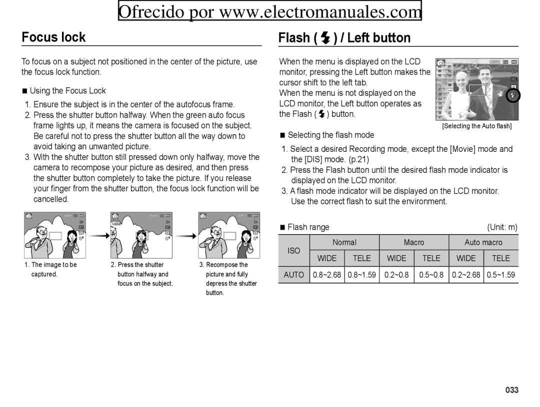 Samsung ES70, ES71 user manual Focus lock, Flash / Left button, Flash range, Normal Macro Auto macro, ~0.8 