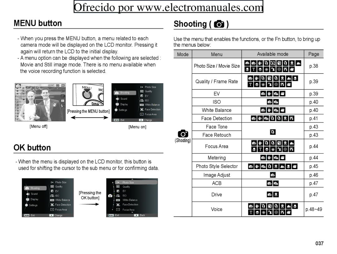 Samsung ES70, ES71 Menu button Shooting, OK button, When you press the Menu button, a menu related to each, Menus below 