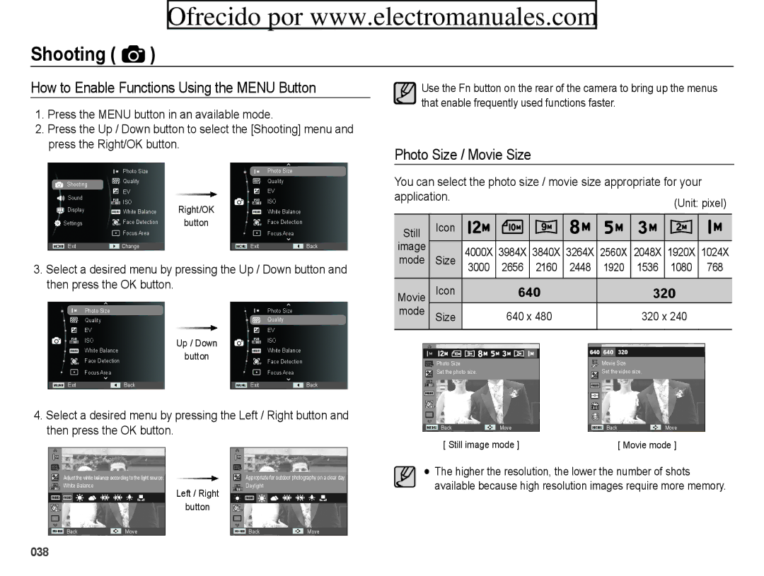 Samsung ES71, ES70 user manual How to Enable Functions Using the Menu Button, Photo Size / Movie Size 