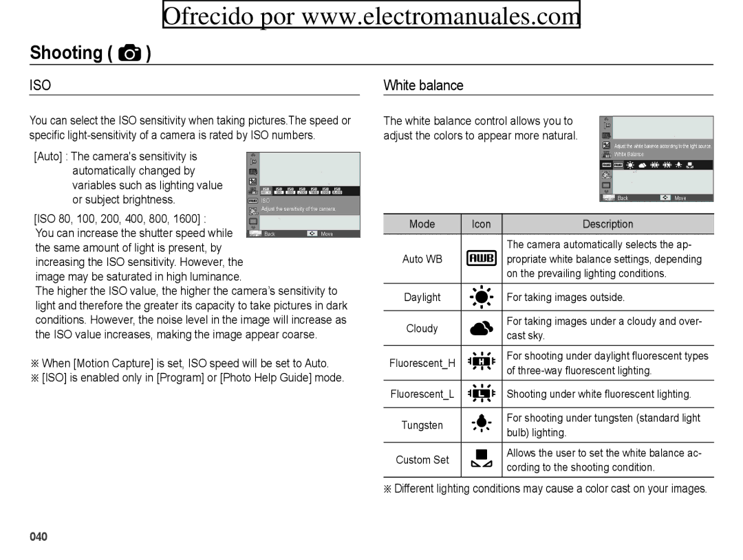 Samsung ES71 White balance, Same amount of light is present, by, When Motion Capture is set, ISO speed will be set to Auto 