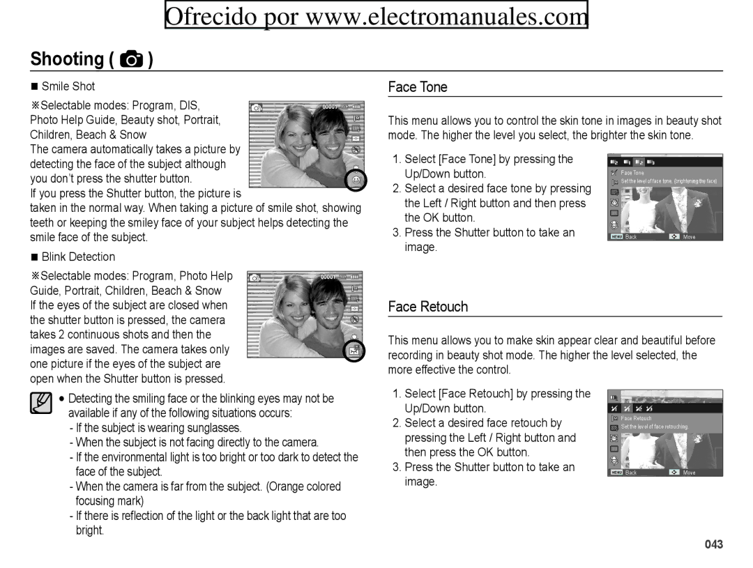 Samsung ES70, ES71 user manual Face Tone, Face Retouch, Smile Shot, Camera automatically takes a picture by 