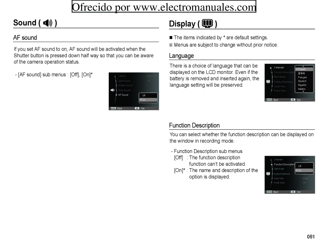 Samsung ES70, ES71 user manual Display, AF sound, Language, Function Description, Option is displayed 