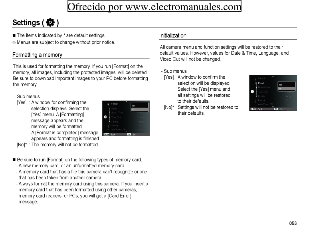 Samsung ES70, ES71 user manual Settings, Formatting a memory Initialization, Sub menus, To their defaults, Their defaults 