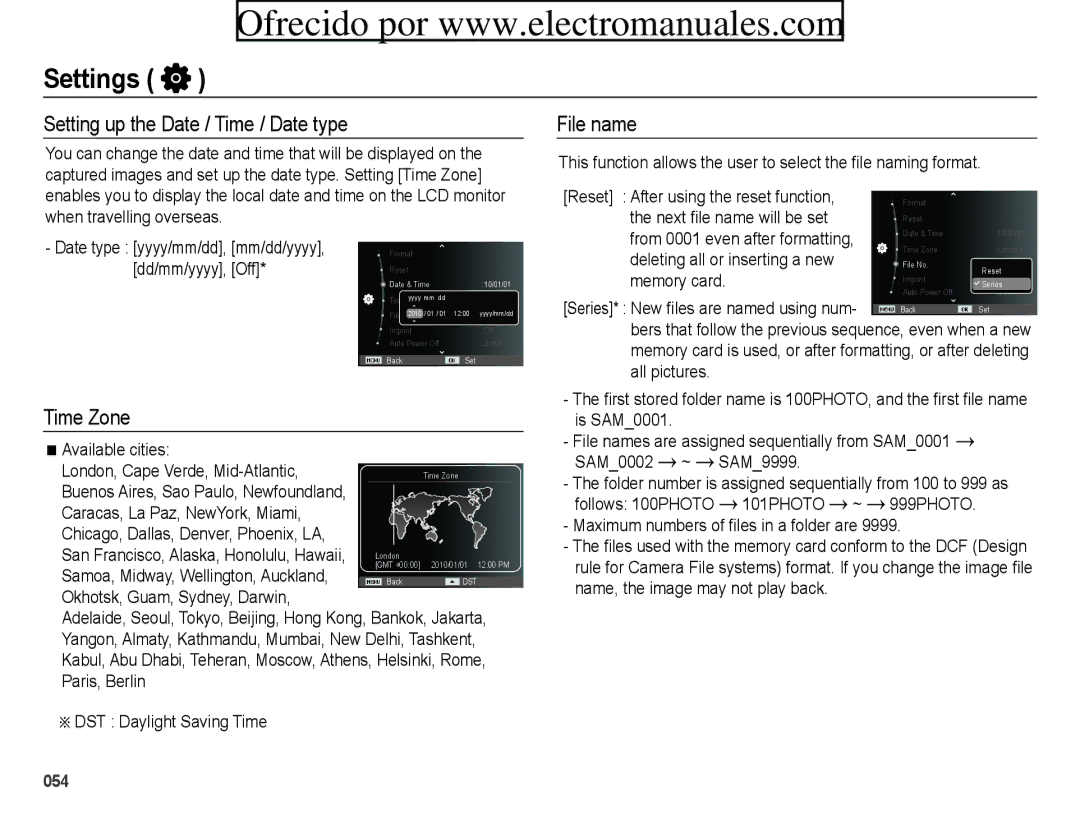 Samsung ES71, ES70 user manual Setting up the Date / Time / Date type, File name, Time Zone 