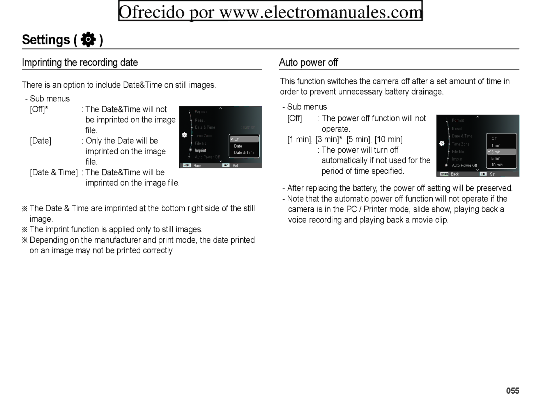 Samsung ES70 Imprinting the recording date Auto power off, File, Date Only the Date will be Imprinted on the image file 