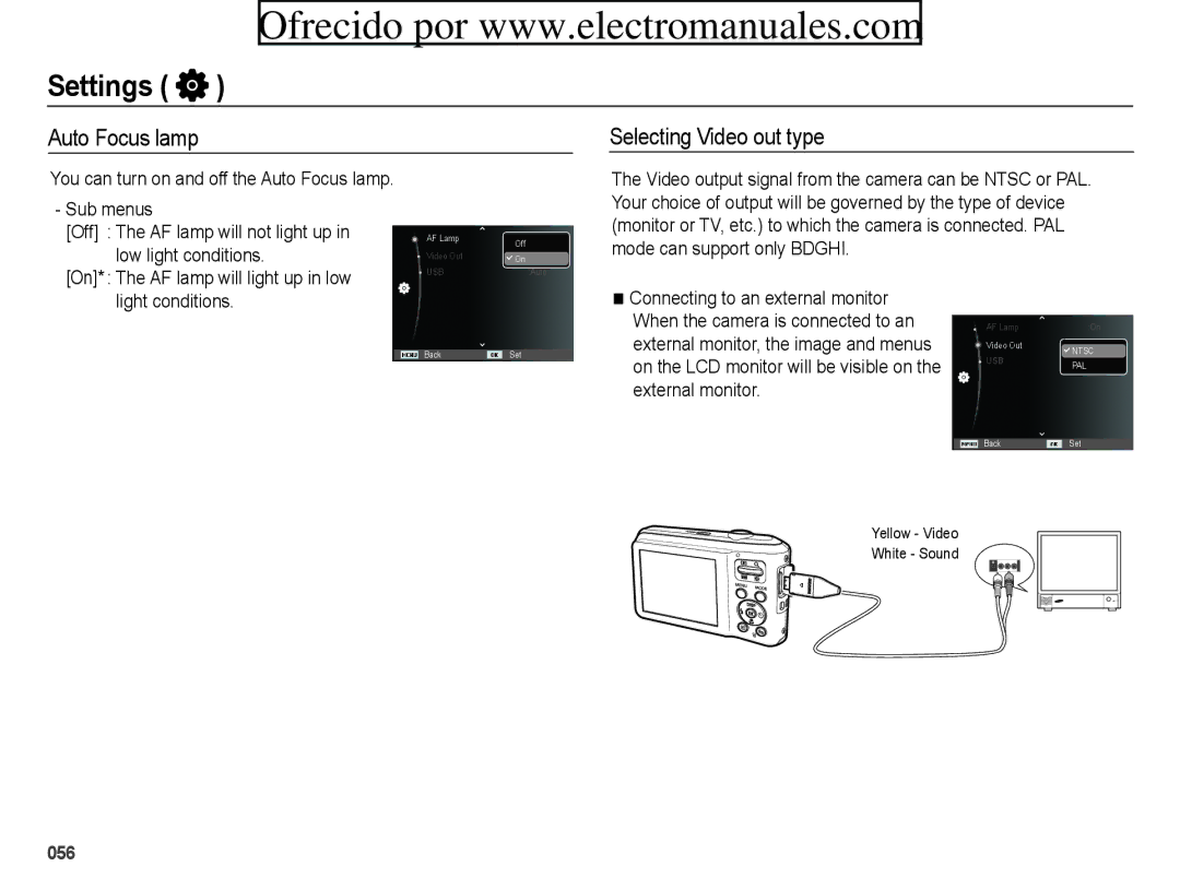 Samsung ES71, ES70 Low light conditions, Connecting to an external monitor, You can turn on and off the Auto Focus lamp 